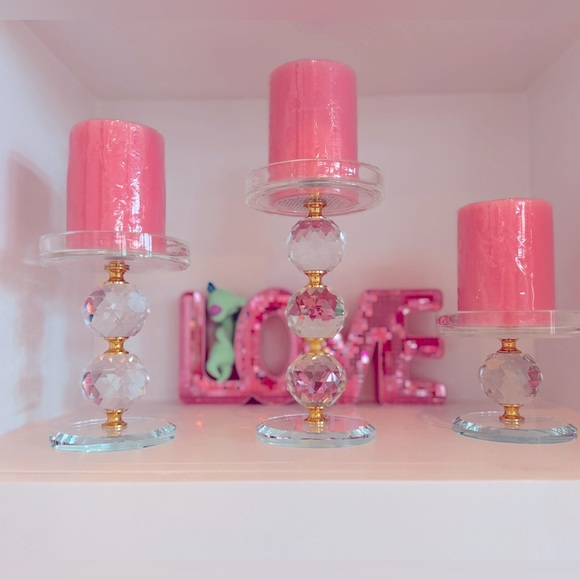 Gold Crystal Glass Pillar Candlestick Holders Set of 3 with Candles Centerpiece - Picture 5 of 5